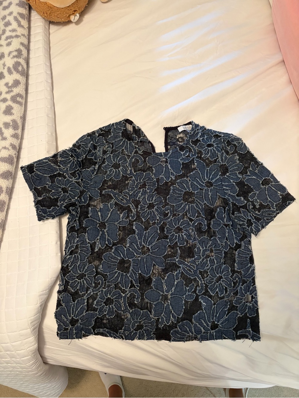 Lucy Paris Black Top with Blue Floral Lace Overlay